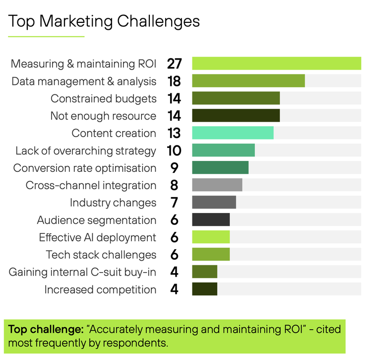 Bar chart of top marketing challenges: measuring and maintaining ROI cited 27 times, data management and analysis 18, constrained budgets 14, not enough resource 14, content creation 13, lack of overarching strategy 10