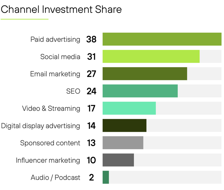 Bar chart of channel investment share: paid advertising 38 mentions, social media 31, email marketing 27, SEO 24, video and streaming 17, digital display advertising 14, sponsored content 13, influencer marketing 10, audio and podcast 2